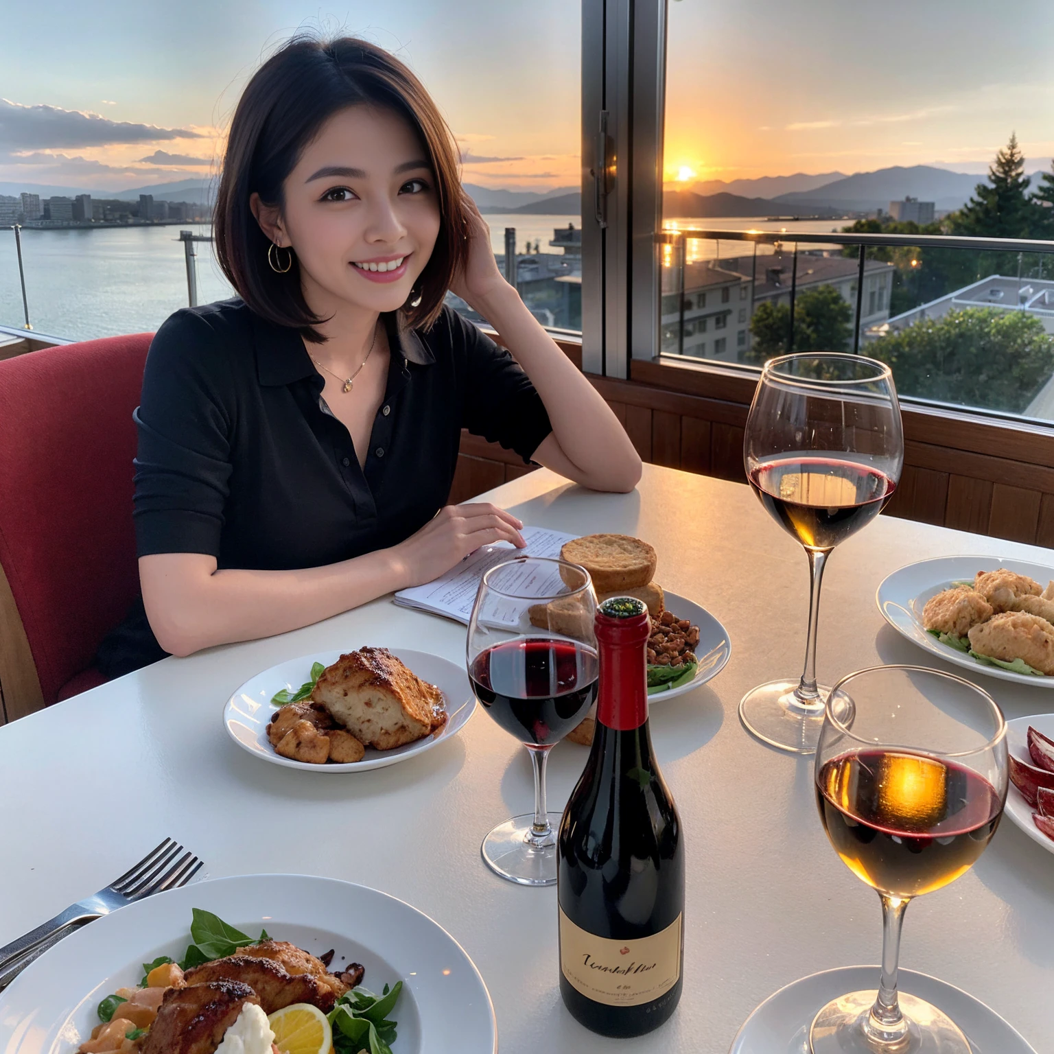 ((Highest quality、8K、masterpiece:1.3))、 (Genuineistic, Genuine、Bright image、Intricate details:1.2), 最高のsmile、1 male、1 female、Beautiful couple、Love Love Love、A  who resembles Miki Nakatani、Female announcer、actress couple、smile、Full-course dinner at a packed table、 (Slim face), (the body is slim), (Brown Hair), (short hair), テーブルのwine glass、Please shine a light on my face、 Amazing view of the sunset sky and clouds、42 years old 39 years old, red wine 、Appetizers、Wine bottle、sparkling wine、Long sleeve shirt、dress、White wine, red wine, wine glass, 