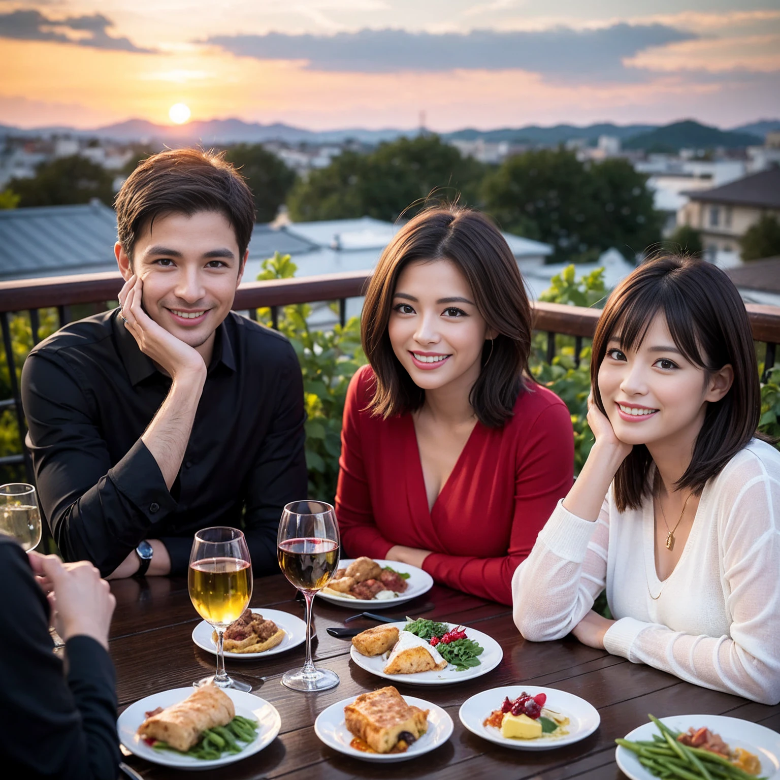 ((Highest quality、8K、masterpiece:1.3))、 (Genuineistic, Genuine、Bright image、Intricate details:1.2), 最高のsmile、1 male、1 female、Beautiful couple、Love Love Love、A mistress who resembles Miki Nakatani、Female announcer、actress couple、smile、Full-course dinner at a packed table、 (Slim face), (the body is slim), (Brown Hair), (short hair), テーブルのwine glass、Please shine a light on my face、 Amazing view of the sunset sky and clouds、42 years old 39 years old, red wine 、Appetizers、Wine bottle、sparkling wine、Long sleeve shirt、dress、White wine, red wine, wine glass, 