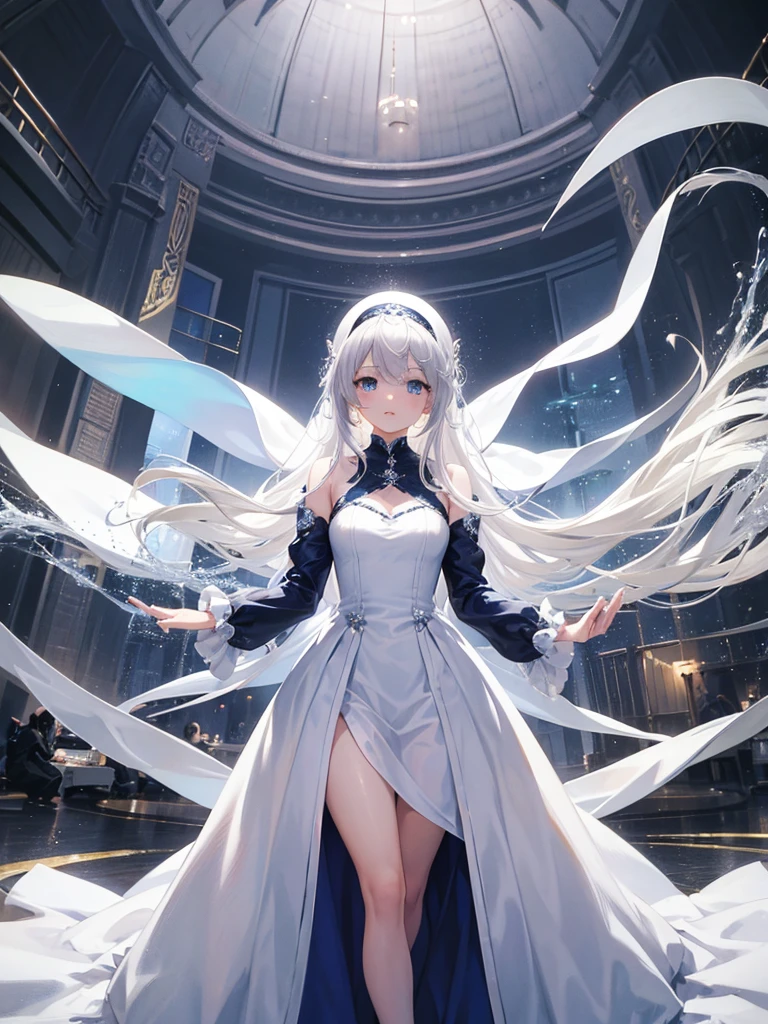 Silver haired girl with big , posing for a picture, standing, 4k, half body image, white closed dress, blue eyes, perfect fingers two hand, perfect eyes, unseductive anime girl, using white headscarf, hijab