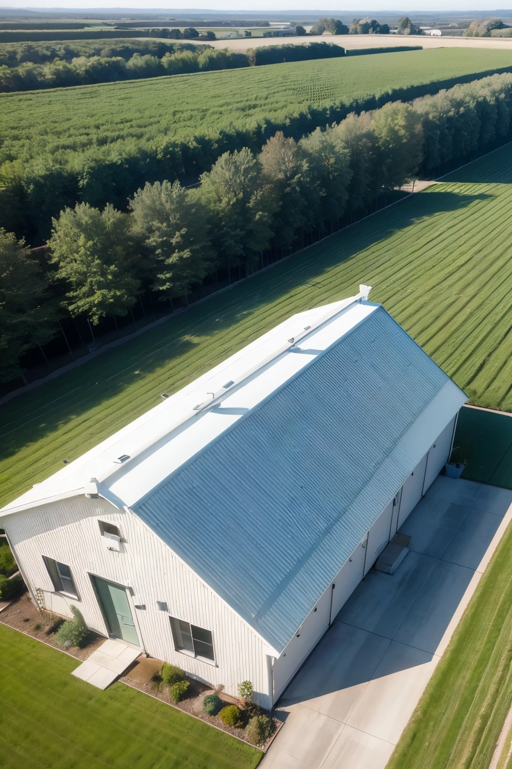 ((best qualityer)), (detailded), a single shed, white in color, seen from above, with metal roof, with photovoltaic panels all over the roof the landscape has to be a field and a road
