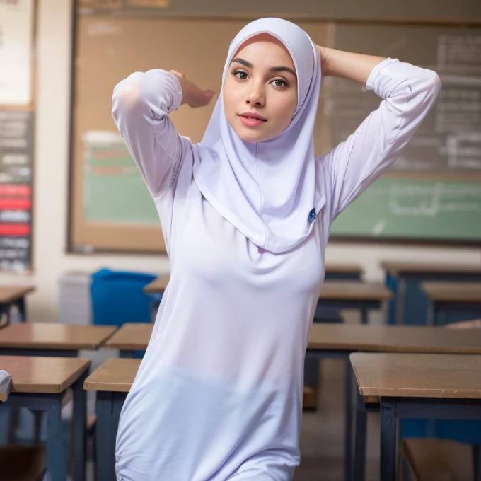 1girl, white dress, wearing hijab, blue skirt, long sleeve,, classroom background, beautiful, pretty, blushing, flawless, best quality, masterpiece, ultra high res, (photorealistic:1.4), raw photo, (large breasts,full body:1.2), ((closed clothes)), ((both arms behind the head)), ((wearing short hijab)), detailed beautiful eyes, detailed reddish lips