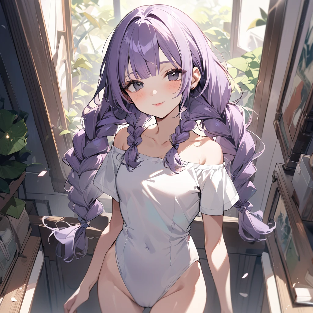 (Cute a girl:1.5), (masterpiece:1.3), anime visual, (s a girl,pale purple hair,wavy two braids,blunt bangs hair,green and black eyes,(a girl is wearing 
A white off-the-shoulder T-shirt and a pink high-leg leotard:1.3 ), (Lovey-dovey:1.5), (tilt head:1.3), extremely delicate face, realistic lighting and shading, (an extremely delicate and beautiful art:1.3), elegant, ,(one girl with closs hair pin,pale purple hair,wavy two braids,blunt bangs hair,green and black eyes.pink lips:1.4), small breast,slim,a girl closed her eyes and opens her mouth and smiles happily,Slender,morning lit,