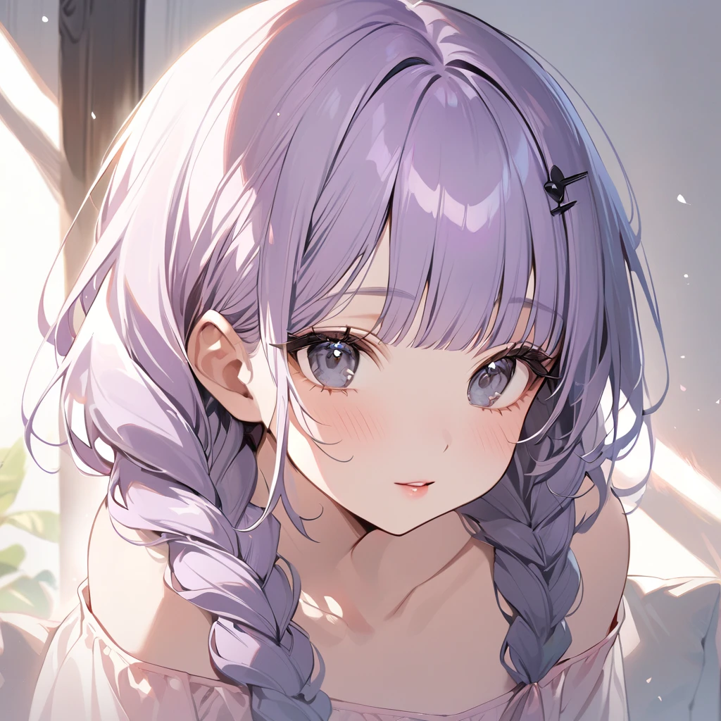 (Cute a girl:1.5), (masterpiece:1.3), anime visual, (s a girl,pale purple hair,wavy two braids,blunt bangs hair,green and black eyes,(a girl is wearing 
A white off-the-shoulder T-shirt and a pink high-leg leotard:1.3 ), (Lovey-dovey:1.5), (tilt head:1.3), extremely delicate face, realistic lighting and shading, (an extremely delicate and beautiful art:1.3), elegant, ,(one girl with closs hair pin,pale purple hair,wavy two braids,blunt bangs hair,green and black eyes.pink lips:1.4), small breast,slim,a girl closed her eyes and opens her mouth and smiles happily,Slender,morning lit,