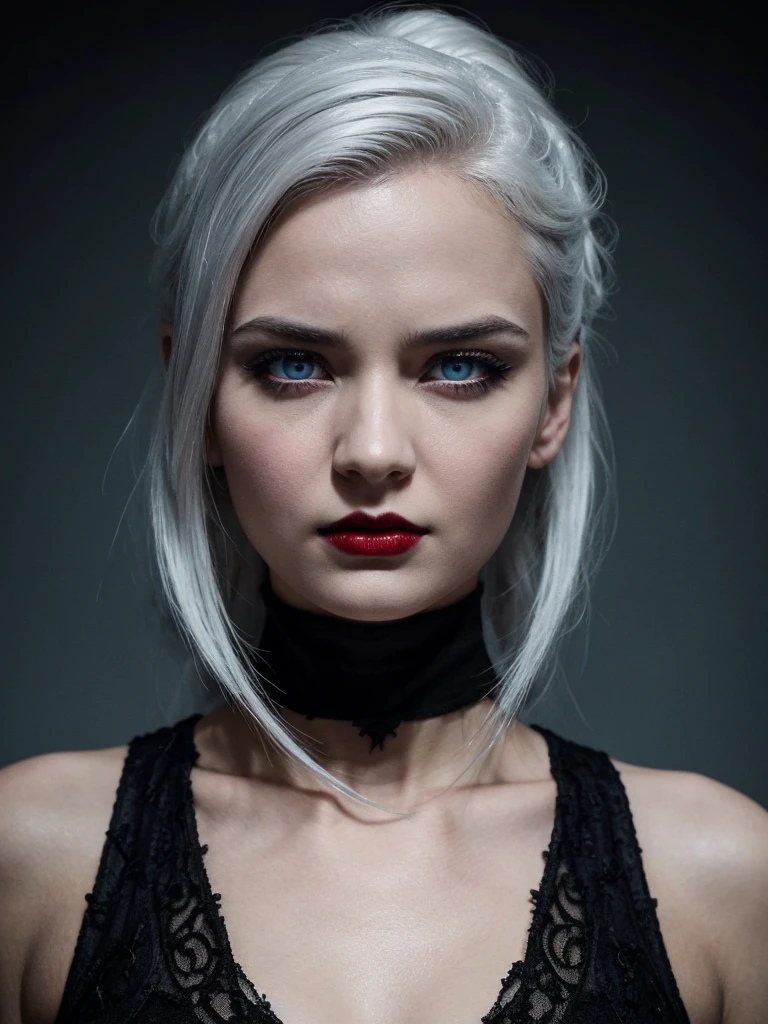 I want a movie release poster with a beautiful woman with snow-white hair, light blue eyes, white skin, she is in front with a serious and determined expression as if she were a villain like the one from Hell Girl from 2011, the background is black and has some houses in the middle of the night add the title Garota Infernal author igor Santos & Aline venzke visionary studios make the theme darker add some blood like a vampire make her lips wider more dynamic