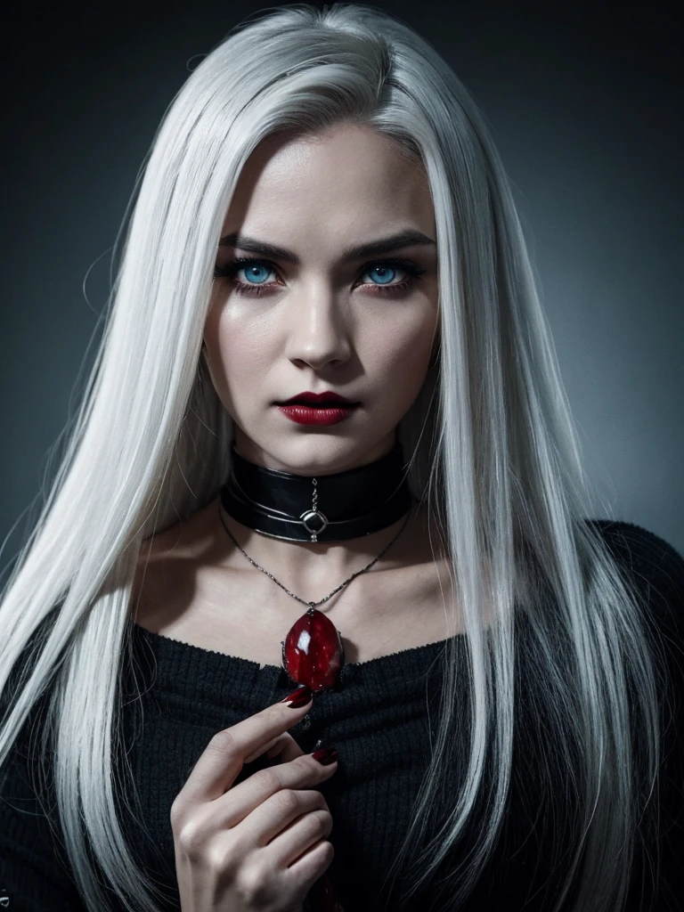 I want a movie release poster with a beautiful woman with snow-white hair, light blue eyes, white skin, she is in front with a serious and determined expression as if she were a villain like the one from Hell Girl from 2011, the background is black and has some houses in the middle of the night add the title Garota Infernal author igor Santos & Aline venzke visionary studios make the theme darker add some blood like a vampire make her lips wider more dynamic