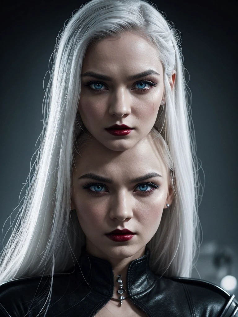 I want a movie release poster with a beautiful woman with snow-white hair, light blue eyes, white skin, she is in front with a serious and determined expression as if she were a villain like the one from Hell Girl from 2011, the background is black and has some houses in the middle of the night add the title Garota Infernal author igor Santos & Aline venzke visionary studios make the theme darker add some blood like a vampire make her lips wider more dynamic