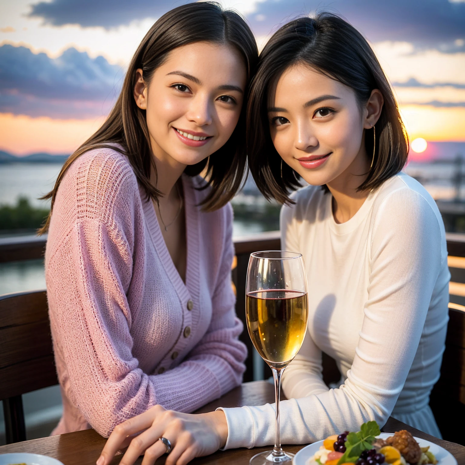 ((Highest quality、、masterpiece:1.3))、 (Genuineistic, Genuine、Bright image、Intricate details:1.2), 最高のsmile、1 male、1 female、Beautiful couple、love love love、fiancee、Good friends、actress couple、smile、Full-course dinner at a packed table、 (Slim face), (the body is slim), (Brown Hair), (short hair), テーブルのwine glass、Please shine a light on my face、 Amazing view of the sunset sky and clouds、29-year-old,age 34、 red wine 、Appetizers、Wine bottle、sparkling wine、Long sleeve shirt、dress、White wine, red wine, wine glass,