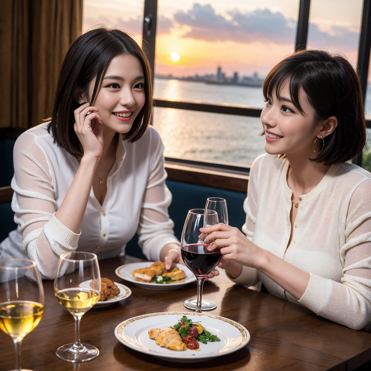 ((Highest quality、、masterpiece:1.3))、 (Genuineistic, Genuine、Bright image、Intricate details:1.2), 最高のsmile、1 male、1 female、Beautiful couple、love love love、fiancee、Good friends、actress couple、smile、Full-course dinner at a packed table、 (Slim face), (the body is slim), (Brown Hair), (short hair), テーブルのwine glass、Please shine a light on my face、 Amazing view of the sunset sky and clouds、29-year-old,age 34、 red wine 、Appetizers、Wine bottle、sparkling wine、Long sleeve shirt、dress、White wine, red wine, wine glass, 