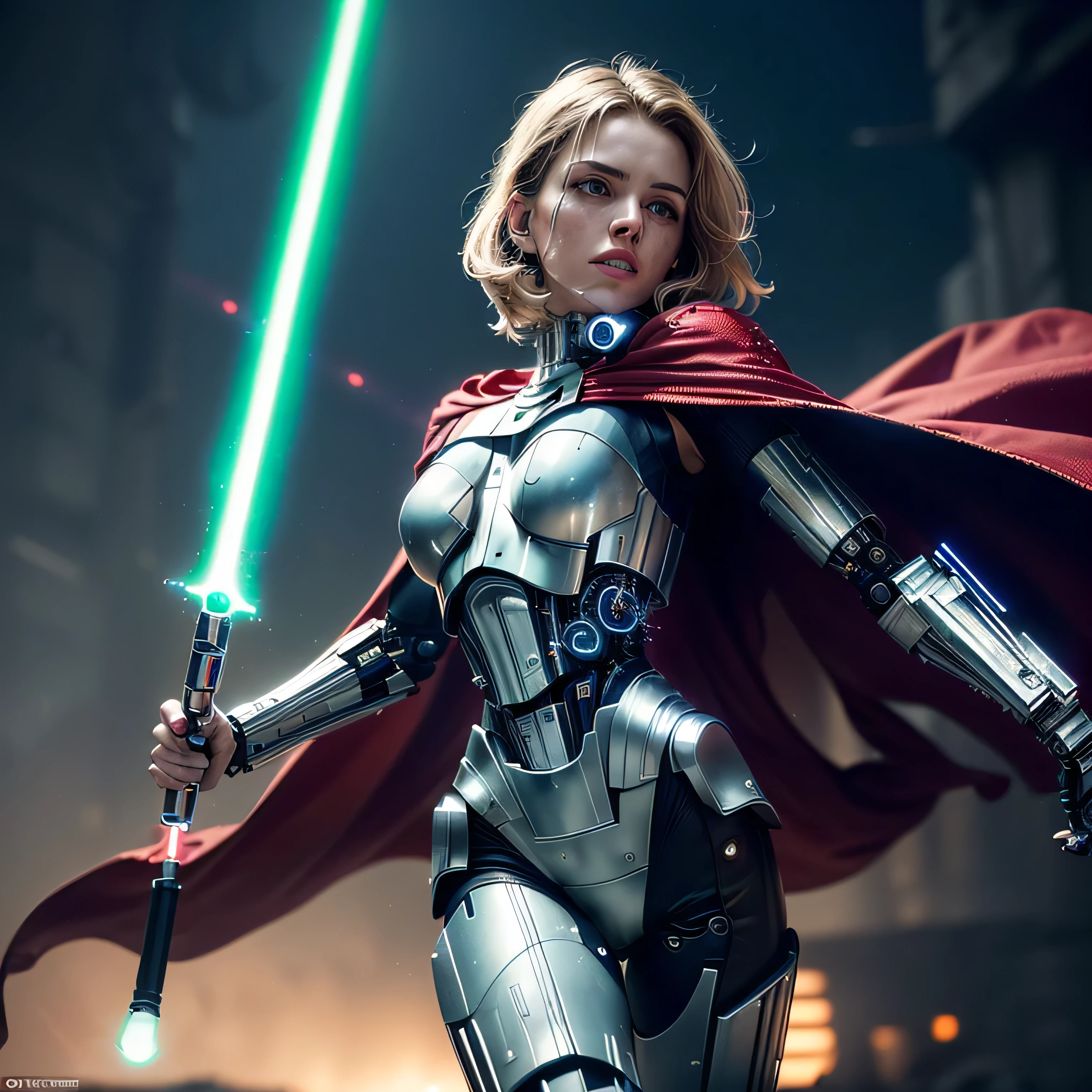 (masterpiece, photorealistic:1.4, extremely intricate:1.3), (photon mapping, radiosity, physically based rendering, ultra resolution, hyper-realistic, hyper-realistic, 8K, (dtx)),  supermodel , ((lacquered white perfectchainmail armor:0.8, ((mechanical limbs, cybernetic arms, futuristic cyborg, ((weapon))), tattered red cape), blue lightsaber, intense, [skin detail:freckles:0.8])), metal reflections, blank background, empty room, dark room, black background, no scenery, professional photograph, (straight blonde hair, wind, windy, running dynamic movement pose, arm raised), sharp focus, dramatic, award winning, (film grain, bokeh, interaction)

