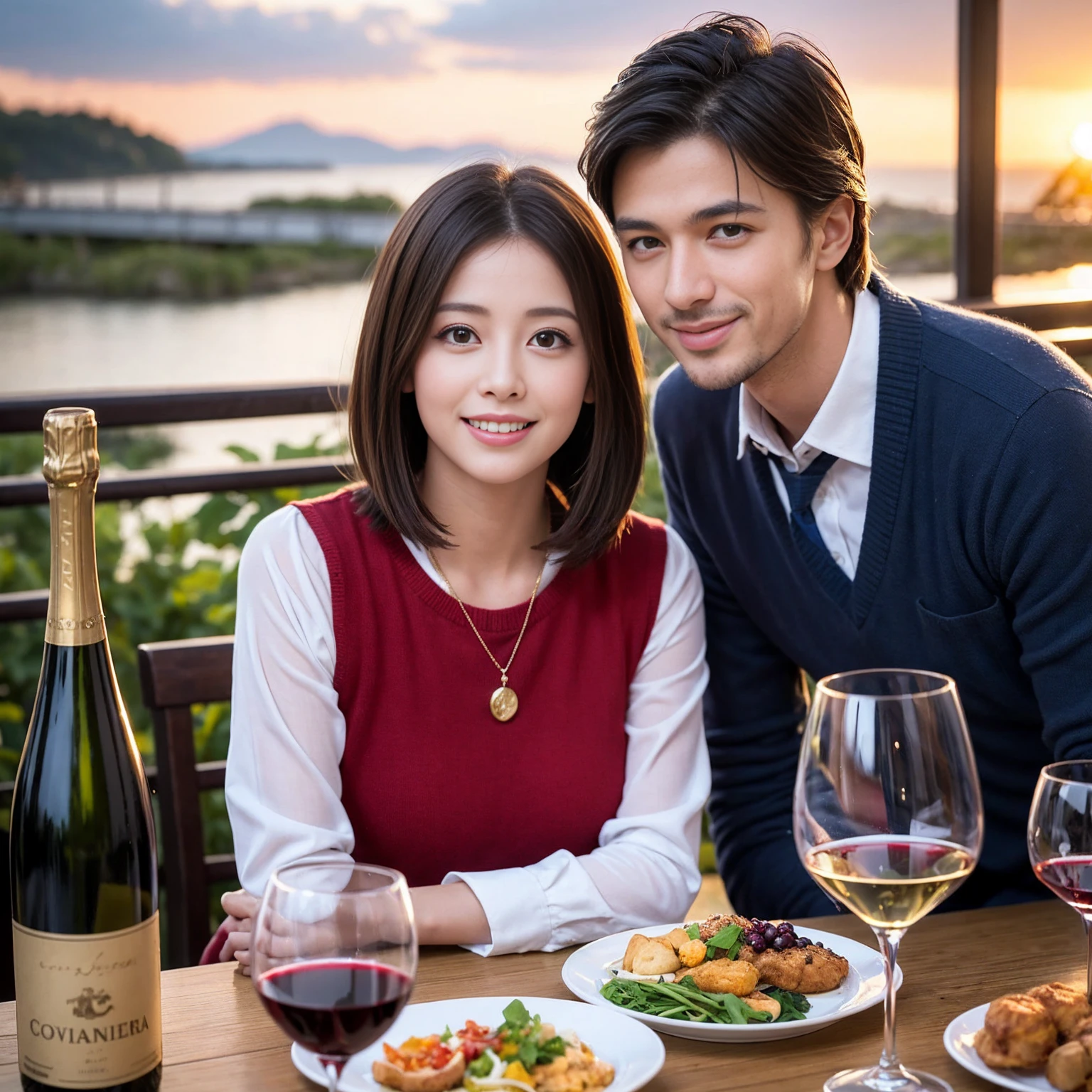 ((Highest quality、8K、masterpiece:1.3))、 (Genuineistic, Genuine、Bright image、Intricate details:1.2), 最高のsmile、1 male 1 female、Beautiful couple、Lovey-dovey lovers、Satomi Ishihara lookalike fiance、Good friends、actress couple、smile、Full-course dinner at a packed table、 (Slim face), (the body is slim), (Brown Hair), (short hair), テーブルのwine glass、Please shine a light on my face、 Amazing view of the sunset sky and clouds、42 years old 39 years old, red wine 、Appetizers、Wine bottle、sparkling wine、Long sleeve shirt、dress、White wine, red wine, wine glass, 