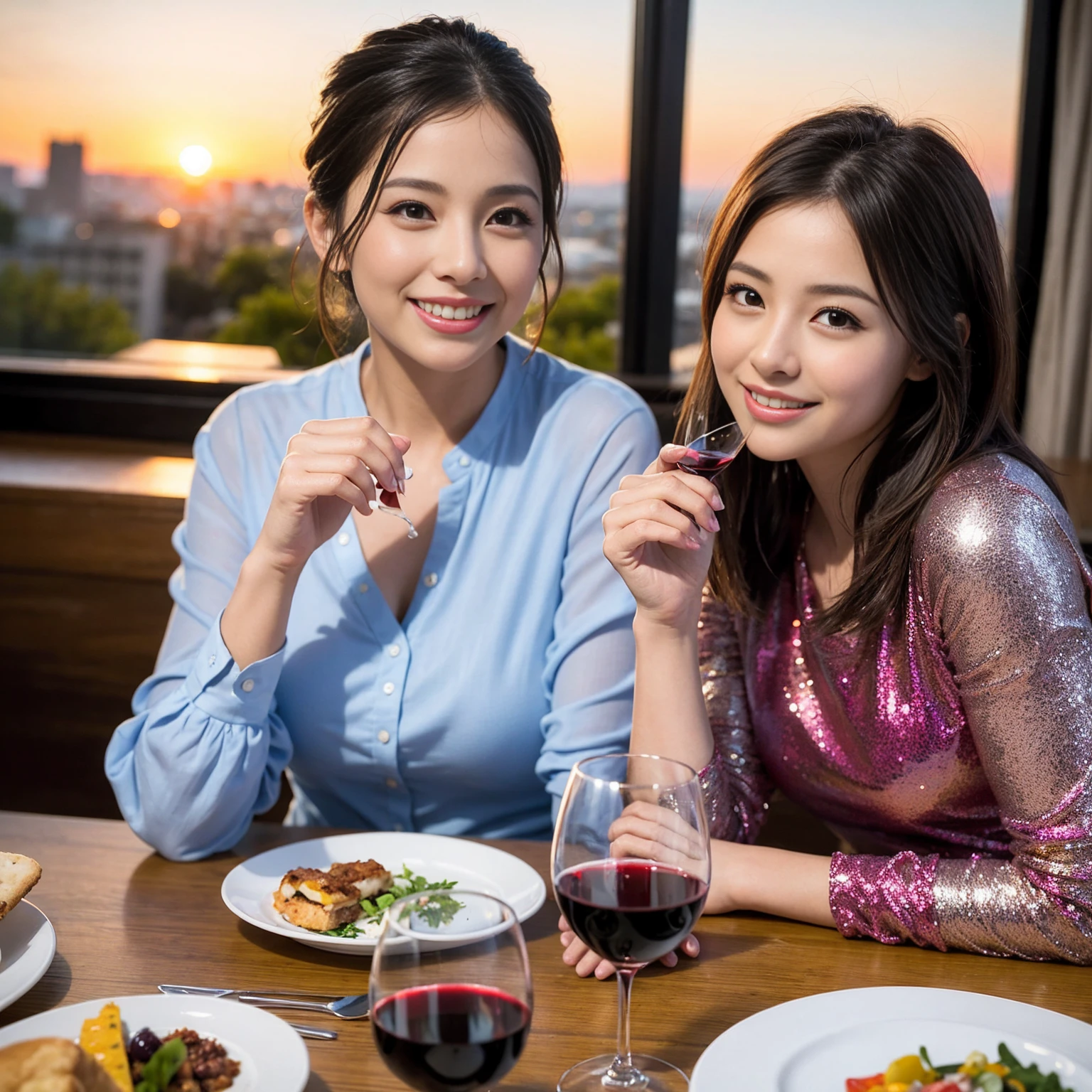 ((Highest quality、8K、masterpiece:1.3))、 (Genuineistic, Genuine、Bright image、Intricate details:1.2), 最高のsmile、1 male 1 female、Beautiful couple、Lovey-dovey lovers、Satomi Ishihara lookalike fiance、Good friends、actress couple、smile、Full-course dinner at a packed table、 (Slim face), (the body is slim), (Brown Hair), (short hair), テーブルのwine glass、Please shine a light on my face、 Amazing view of the sunset sky and clouds、42 years old 39 years old, red wine 、Appetizers、Wine bottle、sparkling wine、Long sleeve shirt、dress、White wine, red wine, wine glass, 
