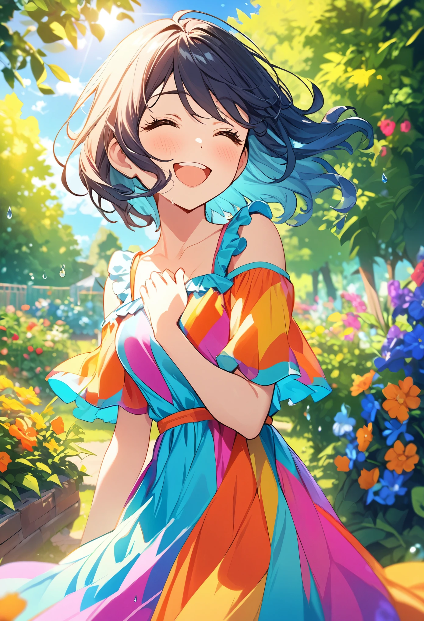(Highest quality,High resolution:1.2), Vibrant colors, garden, sunny day, summer, Bright atmosphere, One girl, Beautiful attention to detail, Long eyelashes, ((Drop your eyes, Happy expression)), Flowing Hair, Colorful Dresses, short hair, Cowboy Shot