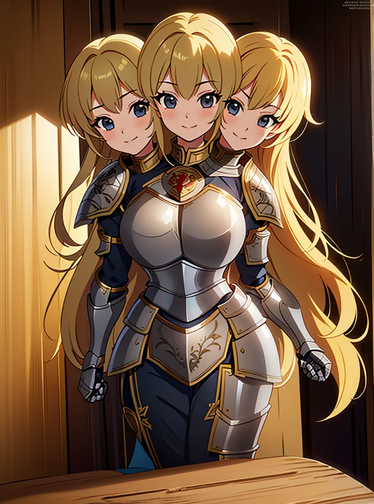 (masterpiece),(ultra-detailed), (high quality), (high resolution), (best quality:1.5, highres, UHD), highres, absurdo, ultra detail, ultra quality, (2heads:1.5), 1girl, ((golden blonde hair)), thighs, (gray armor), female warrior, (fully armored), (medieval outfit), (black eyes), armored chest piece, gorgeous female knight, Guild Clothes with Armor, Fantasyart:1.5, (1 Female Knight:1.5), Detailed and detailed depiction armor, (seductive smirk), detailed eyes