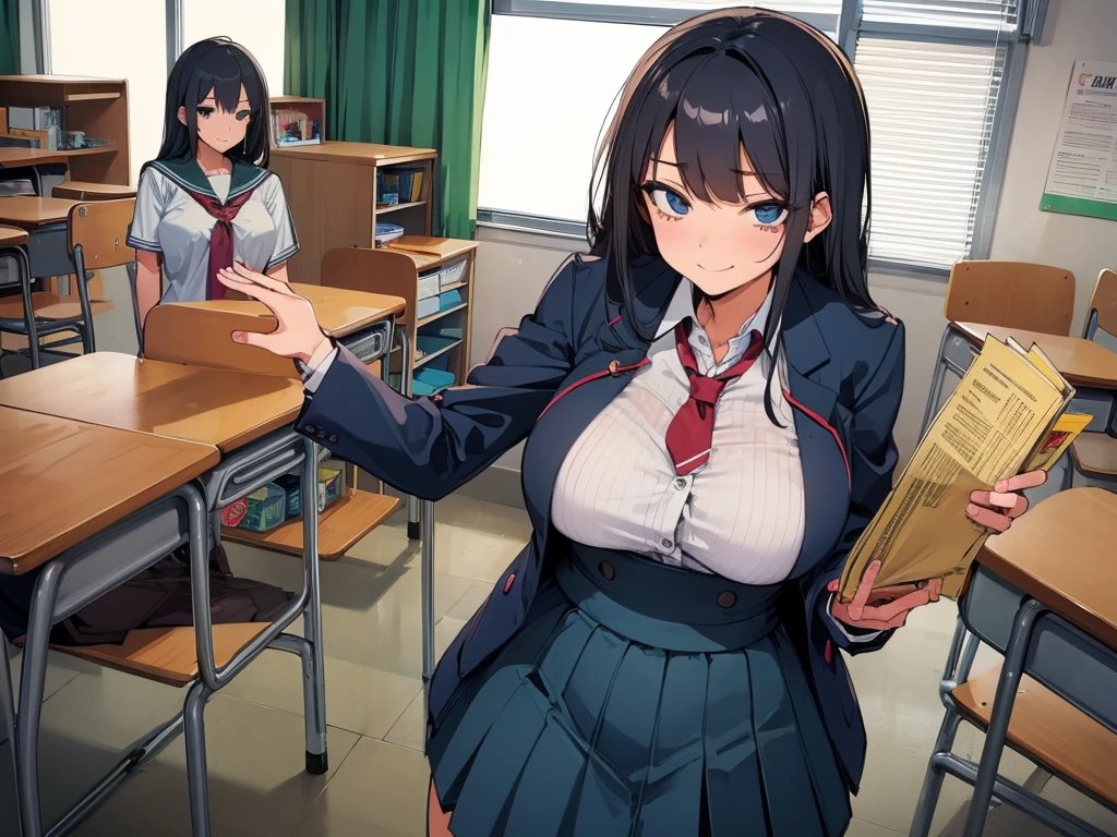 high school student、Women、School classroom、(Big Breasts)、smirk、curvy、(1 girl)