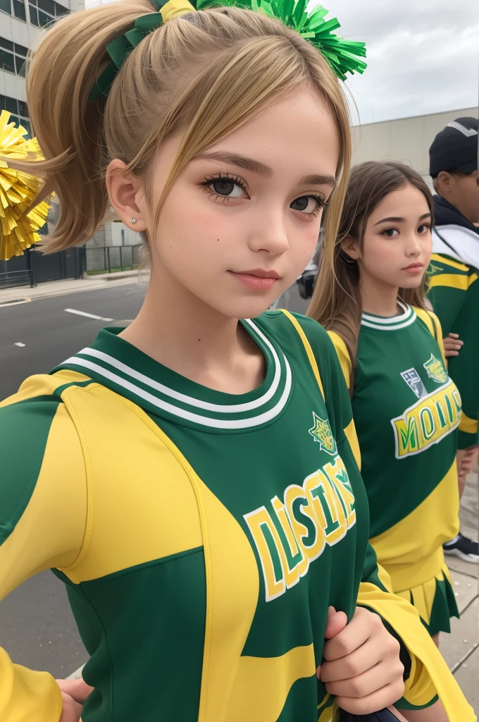 with green and yellow cheerleader uniform, with the writing “Messengers” on the bust
