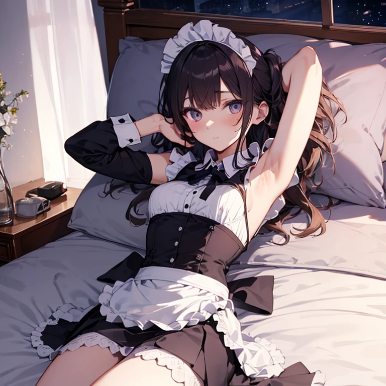 A maid, (in bedroom), various hair styles, night, details face, short skirt, seducing, sleeveless, maid uniform, armpits, laying on bed