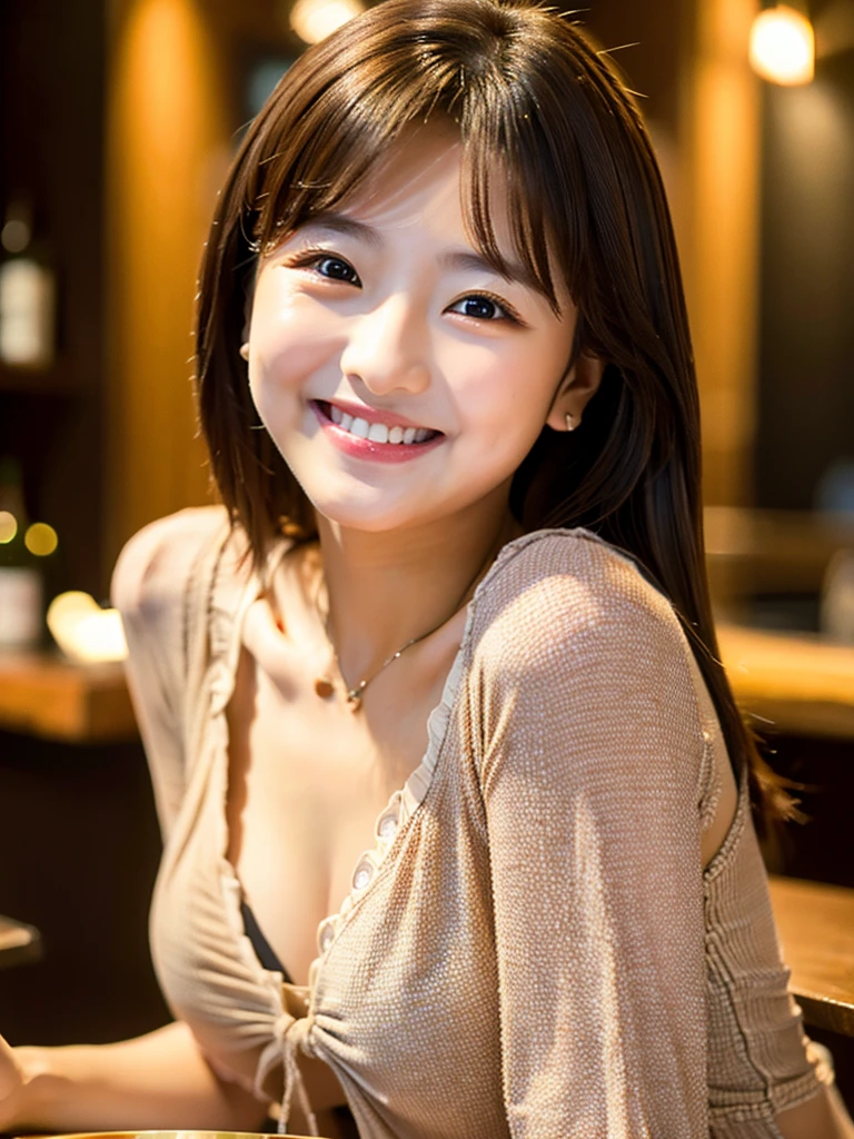 A very cute face like a 15-year-old idol　Smiling Kindly　In a blouse　(whole body)　Cleavage　Medium Bust　Stylish wine bar　Cinema lighting　Natural light　Artistic　RAW Photos　Genuine　High quality that is indistinguishable from real life　Real Stick　High resolution