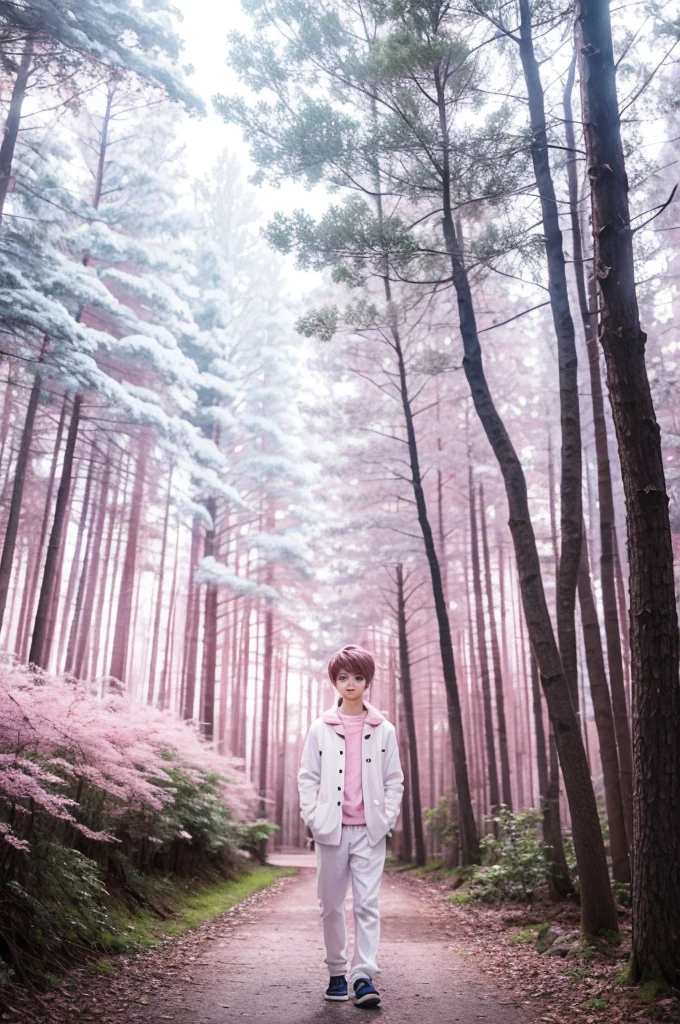 Cute anime boy in white clothes with a background of a pink forest