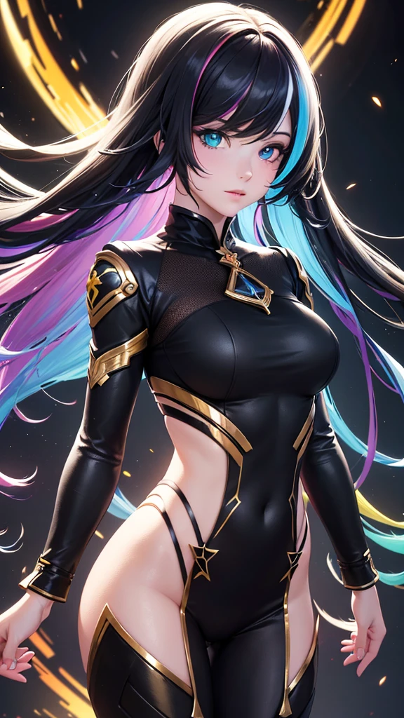 {{masterpiece}}, best quality, extremely detailed CG unity 8k wallpaper, cinematic lighting, lens flare, beautiful detail eyes, black, side glance, multicolor hair, colorful light, particles, heterochromia, (colorful:1.5), (colorful hair:1.5), Sexy suit,