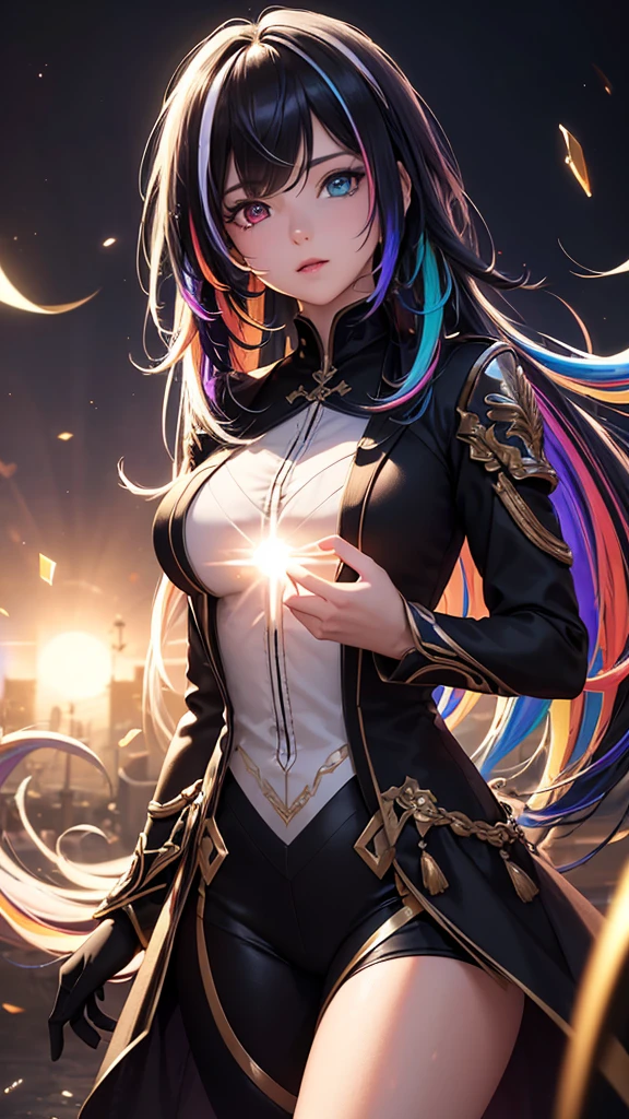 {{masterpiece}}, best quality, extremely detailed CG unity 8k wallpaper, cinematic lighting, lens flare, beautiful detail eyes, black, side glance, multicolor hair, colorful light, particles, heterochromia, (colorful:1.5), (colorful hair:1.5), Sexy suit,