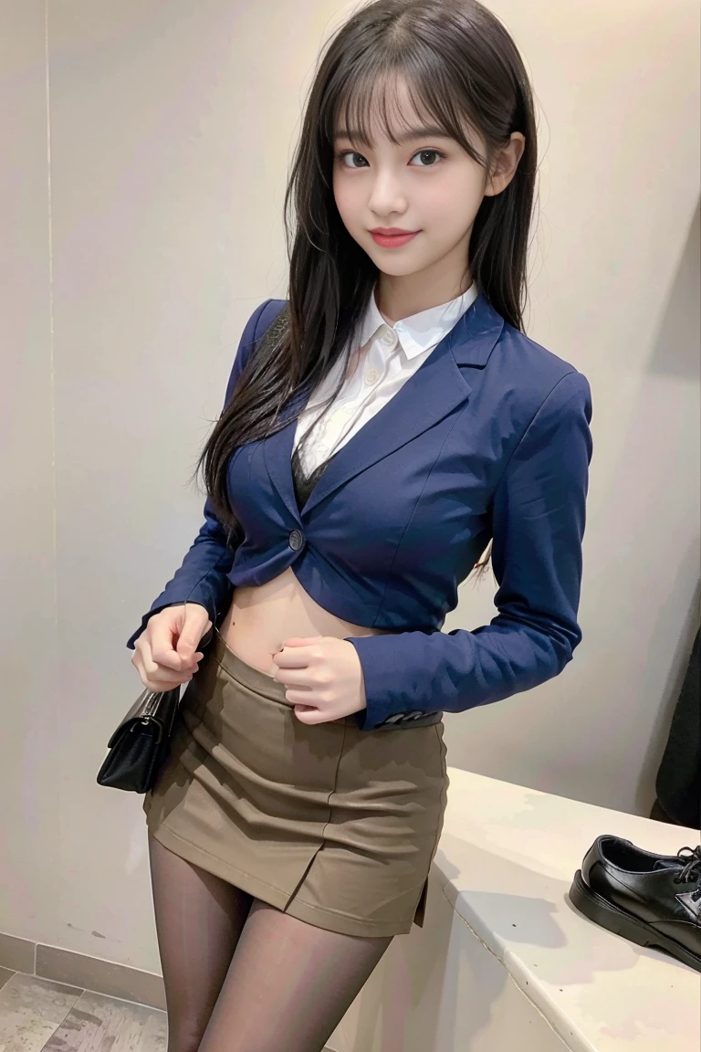 (8k), (highest quality: 1.2), (Realistic), (Realistic: 1.37), Ultra-high resolution, 1 girl, cute, smile, Mouth closed, Beautiful details, Beautiful Nose, whole body, Wet Hair, Giant Dulcefo, pork, Thighs,Selfie,Navel exposed,University Student Uniform,A simple blazer,Pleated skirt,Platform boots,Are standing, natural pantyhose