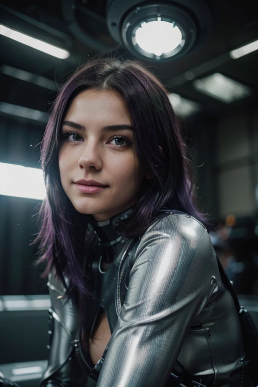 a beautiful 18 year old girl with bionic implants, green eyes (very intense and sweet), (deep purple hair), skin as white as snow, super sexy, extreme realism, (hdr), detailed face, intricate mechanical details, enhancements bright cybernetics on the face and body, dynamic pose, dramatic lighting, intense light, cinematic composition, photorealistic, 8k, masterpiece, posing with the face sideways with a sexy smile, matrix type background.
