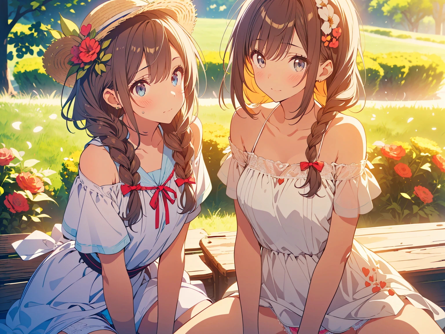 masterpiece, best quality, detailed, an extremely delicate and beautiful, high resolution, highres, hi-vision anime, ( anime coloring:1.1), Motivated Light,( beautiful hair), (beautiful face), photo of perfect eyes, perfect eyes, perfectly composed photo, detailed face, detailed eyes,( detailed clothing:1.3),( perfect hands), small breasts, Round chest,  
BREAK
moody angle, upper body, 1girl, beautiful (kogal gyaru) girl,( gold,_hair),hair accessory, jewelry, makeup, bracelet, painted nails, makeup, (big hair), (updo), shoulder cutout, braid, dress, brown hair, twin braids, blush, long hair, white dress, jewelry, clothing cutout, bangs, necklace, floral print, bare shoulders, straw hat, collarbone, hair bow, short sleeves, ribbon, brown headwear, hair over shoulder, detailed panties,( panty shot:1.2),
BREAK 
( love:1.6),( embarrassed. smaile:1.2), blush, wavy mouth, very detailed background,( Two people side by side:1.5), sitting,( spread legs:1.2), day, sky, flower field, petals,  park bench, on bench, grass, 