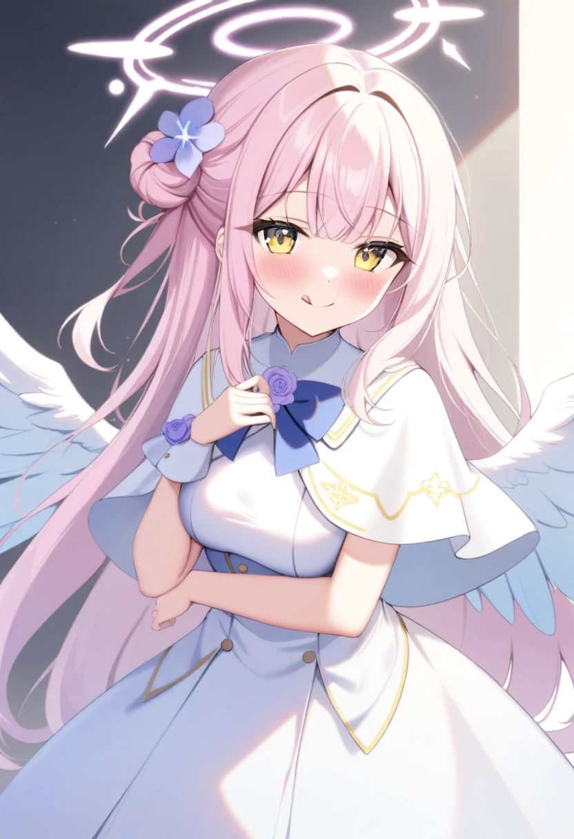 1girl,mika_bluearchive,angel_wings,blush,breasts,capelet,closed_mouth,dress,feathered_wings,flower,gradient_background,hair_bun,hair_flower,hair_ornament,halo,long_hair,looking_at_viewer,medium_breasts,pink_hair,pink_halo,purple_flower,single_side_bun,smile,solo,tongue,volumetric lightning,detailed skin texture,detailed,volumetric shadow,tongue_out,white_capelet,white_dress,white_wings,wings,yellow_eyes,