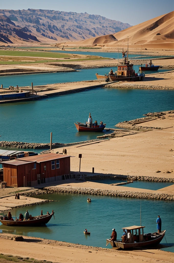 Draw a landscape with oil platforms, fishermen in boats, and a meadow with horses and camels.