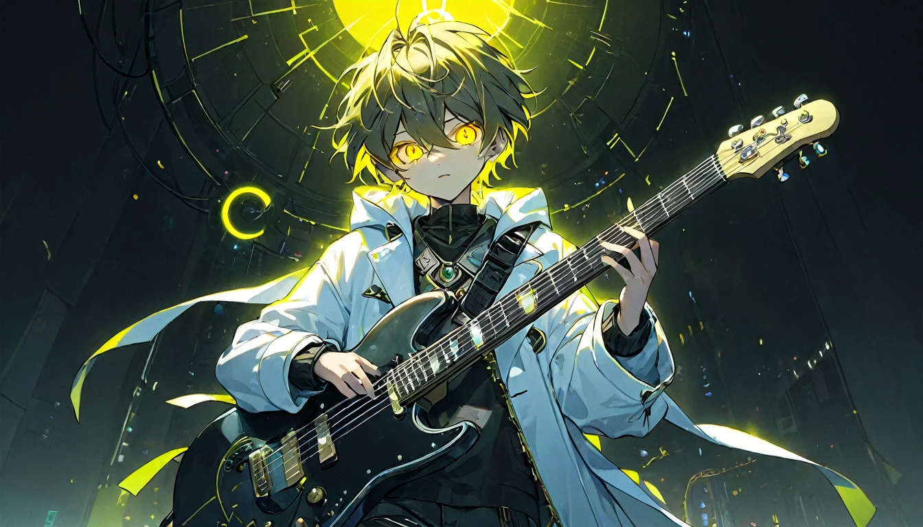 A boy playing the guitar、whole body、cyber punk、Yellow Eyes、Glowing Eyes、White coat、Open coat、