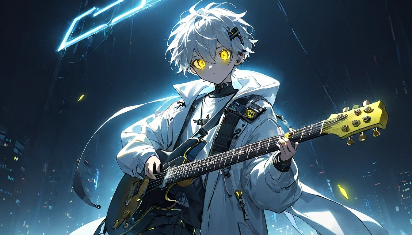 A boy playing the guitar、whole body、cyber punk、Yellow Eyes、Glowing Eyes、White coat、Open coat、Teen
