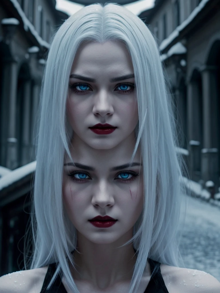 I want a movie release poster with a beautiful woman with snow-white hair, light blue eyes, white skin, she is in front with a serious and determined expression as if she were a villain like the one from Hell Girl from 2011, the background is black and has some houses in the middle of the night add the title Garota Infernal author igor Santos & Aline venzke visionary studios make the theme darker add some blood like a vampire make her lips wider more dynamic