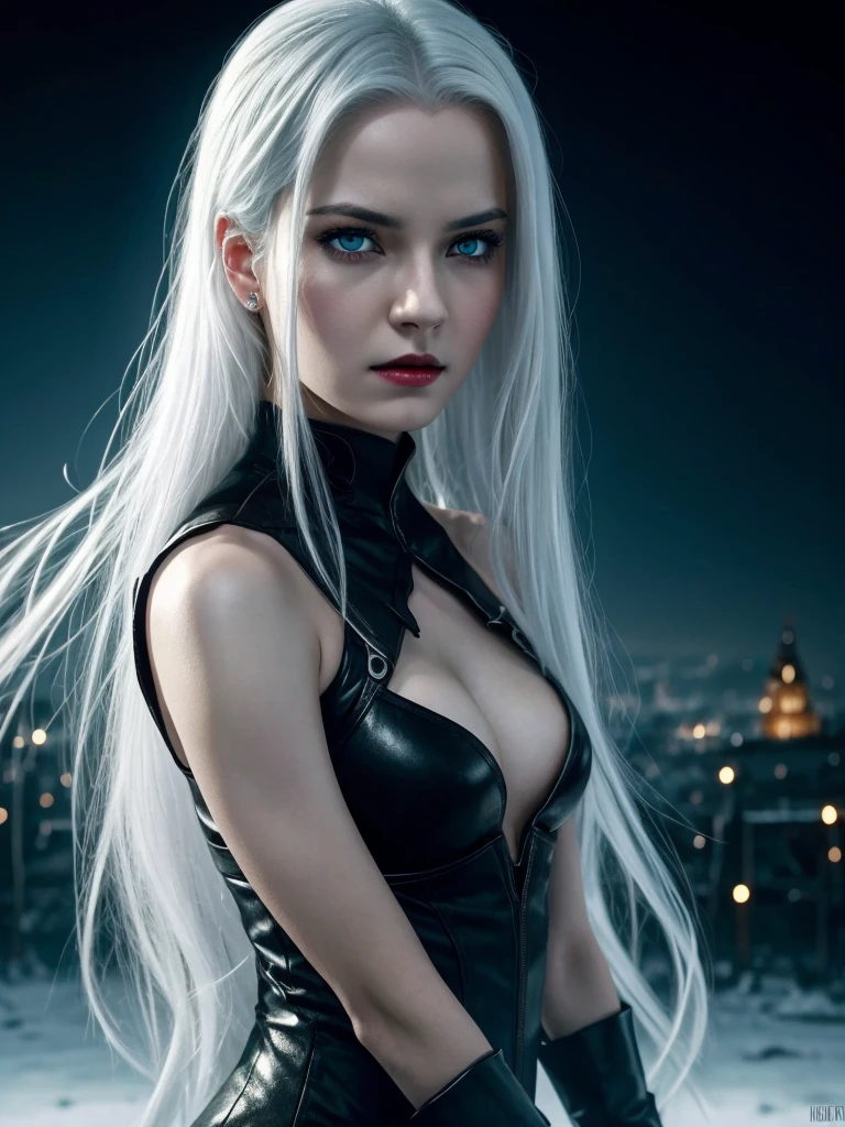 I want a movie release poster with a beautiful woman with snow-white hair, light blue eyes, white skin, she is in front with a serious and determined expression as if she were a villain like the one from Hell Girl from 2011, the background is black and has some houses in the middle of the night add the title Garota Infernal author igor Santos & Aline venzke visionary studios make the theme darker add some blood like a vampire make her lips wider more dynamic