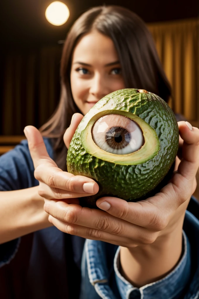 Avocado with eyes mouth and hands performing in a theater 