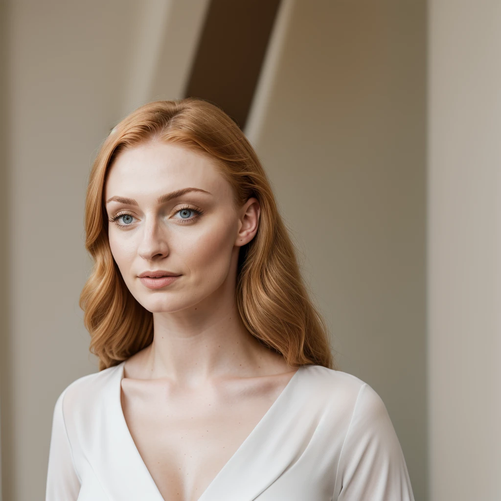 a stunning photo of Sophie Turner woman in a figure hugging white shirt and jeans, natural lighting,
epic character composition,
sharp focus, film grain, high quality