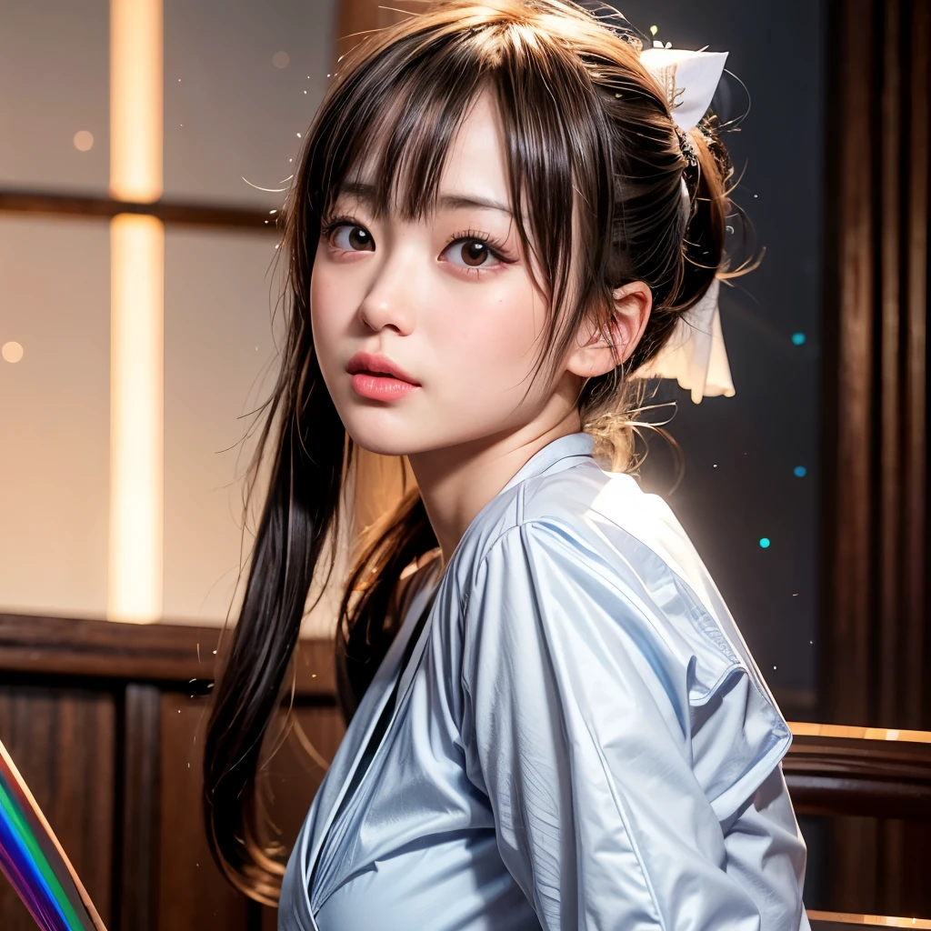 NSFW, 8k, High-level, absurd, masterpiece, best quality, primitive, very detailed CG, very detailed wallpaper, perfect lighting, Extremely detailed (((The personifying " Chiaki Kuriyama in Kill Bill " as a Little Girl))), MysticSight, Tyndall effect, Tyndall scattering, Studio gray background with (many Dazzling RainbowColor particles BokeH:1.28), (RoundlyButts, ThighGap), (Exposed:0.4), (Assfocus with looking ahead), BREAK (NOGIZAKA face variations) Extremely Detailed very KAWAII face variations, perfect anatomy, Childish, captivating gaze, elaborate detailed Eyes with (sparkling highlights:1.28), long eyelashes、Glossy RED Lips with beautiful details, Coquettish tongue, Rosy cheeks, Radiant PearlSkin with clear transparency . { (Dynamic LifeLike expressions:1.4) | :d) }, (large eyes:-1) .