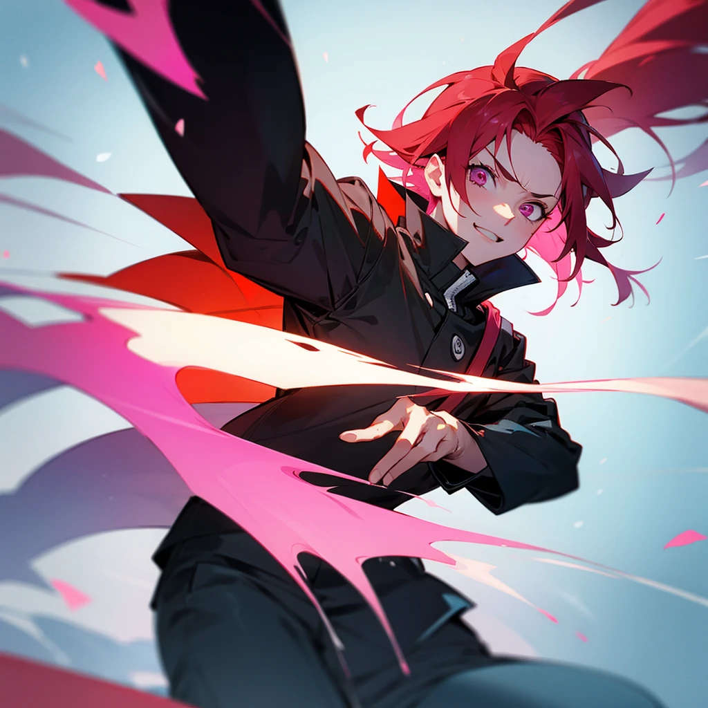 Guy with red hair and pink tips blue coat cheerful guy like Naruto but serious and confident with pink eyes and a black blouse