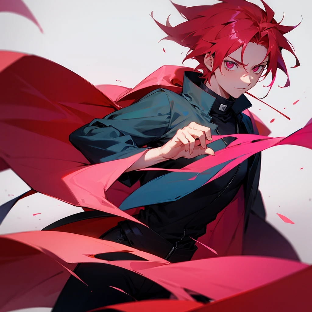 Guy with red hair and pink tips blue coat cheerful guy like Naruto but serious and confident with pink eyes and a black blouse