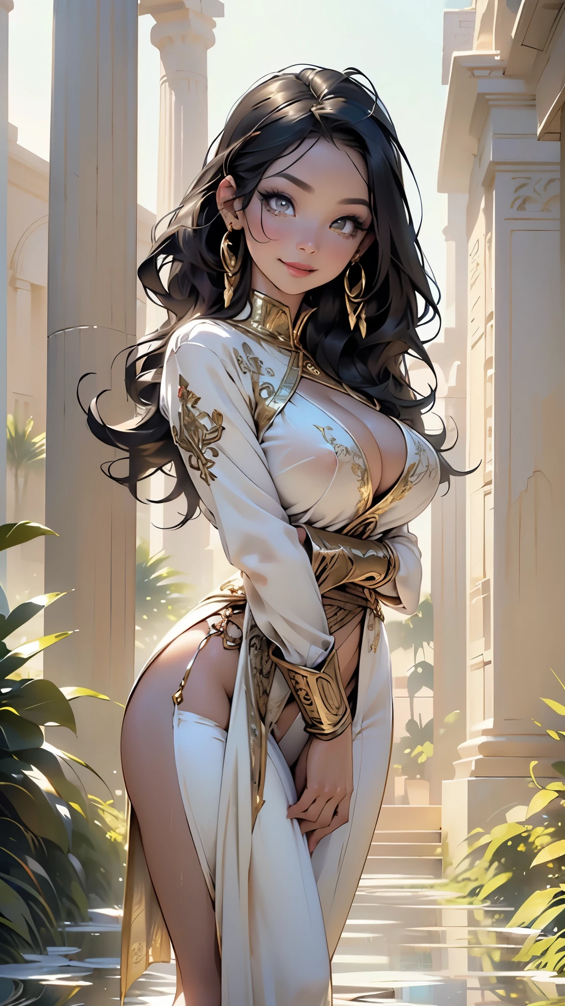 woman from ancient Egypt,1female,((,mom,mature,mature woman,45 years old female,adult)),

(large breasts:1.5),saggy breasts,(((black hair:1.4,straight hair,long hair:1.4,colored inner hair))),(((gold_eyes:1.3))),intricate eyes,beautiful detailed eyes,symmetrical eyes,((((dark skin:1.4,lustrous skin:1.5,bright skin: 1.5,skin tanned,shiny skin,very shiny skin,shiny body)))),(spider lower abdomen,narrow waist,wide hip,bimbo body,inflated legs,thick thighs),(((detailed face))),beautiful detailed lips,

(cute,slutty,sensual, look,,(()),opulent,sumptuous,((()))),

revealing clothing,show skin,cleavage,(barefoot,),princess,goddess,beautiful white clothes: 1.3,fantasy,((white silk:1.3)),(robe top),((eyeshadow,egyptian makeup,eyelid makeup,gold lips,gold lipstick)),((( cloth,wet clothes,intricate outfit,embroidered outfit,ornate outfit,intricate clothes,embroidered clothes,ornate clothes))),

dynamic and  pose,looking at viewer,(smirk,beautiful smile),centered,scale to fit dimensions,Rule of thirds,

outdoors,pillars,((pillars background,egyptian palace,egyptian palace background,pyramids in the background)),scenery,extremely scenery,(puddles everywhere,moss,moss on the background), Egypt style,Egypt castle,lily pads,palms,(sunset, golden hour),

(Glossy Egyptian ornaments),highres,sharp focus,(ultra detailed,extremely detailed),(photorealistic artwork:1.37),(extremely detailed CG unity 8k wallpaper),(((vibrant colors,vibrant theme))),(intricate),(masterpiece),(best quality),artistic photography,(photography taken by sldr),(intricate background),perfect rendered face,perfect face details,realistic face,photo realistic,((intricate detail)),(((realism))),
