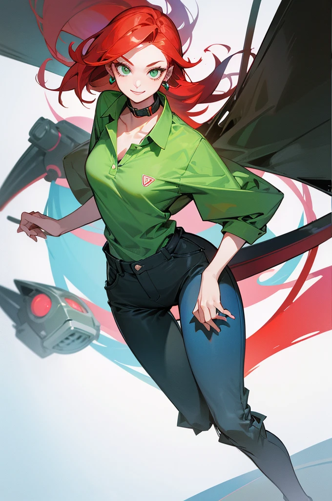 A digital representation of a young woman with vibrant red hair, green eyes and technology style, She is wearing pants and a polo collar, she works at a technology company. She has a happy expression on her face and is an IT specialist.. Also create legs according to her size and proportions