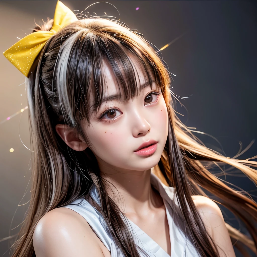 , 8k, High-level, absurd, masterpiece, best quality, primitive, very detailed CG, very detailed wallpaper, perfect lighting, Extremely detailed (((The personifying " Chiaki Kuriyama in Kill Bill " as a Little Girl))), MysticSight, Tyndall effect, Tyndall scattering, Studio gray background with (many Dazzling RainbowColor particles BokeH:1.28), (RoundlyButts, ThighGap), (:0.4), ( with looking ahead), BREAK (NOGIZAKA face variations) Extremely Detailed very KAWAII face variations, perfect , Childish, captivating gaze, elaborate detailed Eyes with (sparkling highlights:1.28), long eyelashes、Glossy RED Lips with beautiful details, Coquettish tongue, Rosy cheeks, Radiant PearlSkin with clear transparency . { (Dynamic LifeLike expressions:1.4) | :d) }, (large eyes:-1) .