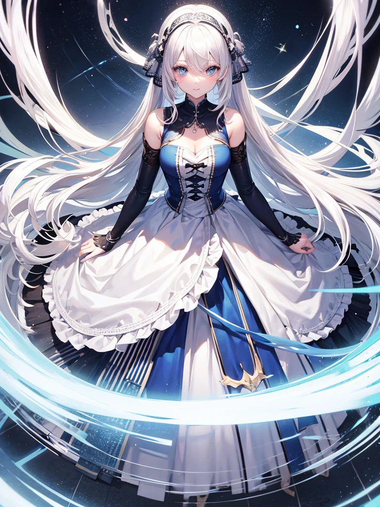 Silver haired girl with big , posing for a picture, standing, 4k, half body image, white closed dress, blue eyes, perfect fingers two hand, perfect eyes, unseductive anime girl, hijab