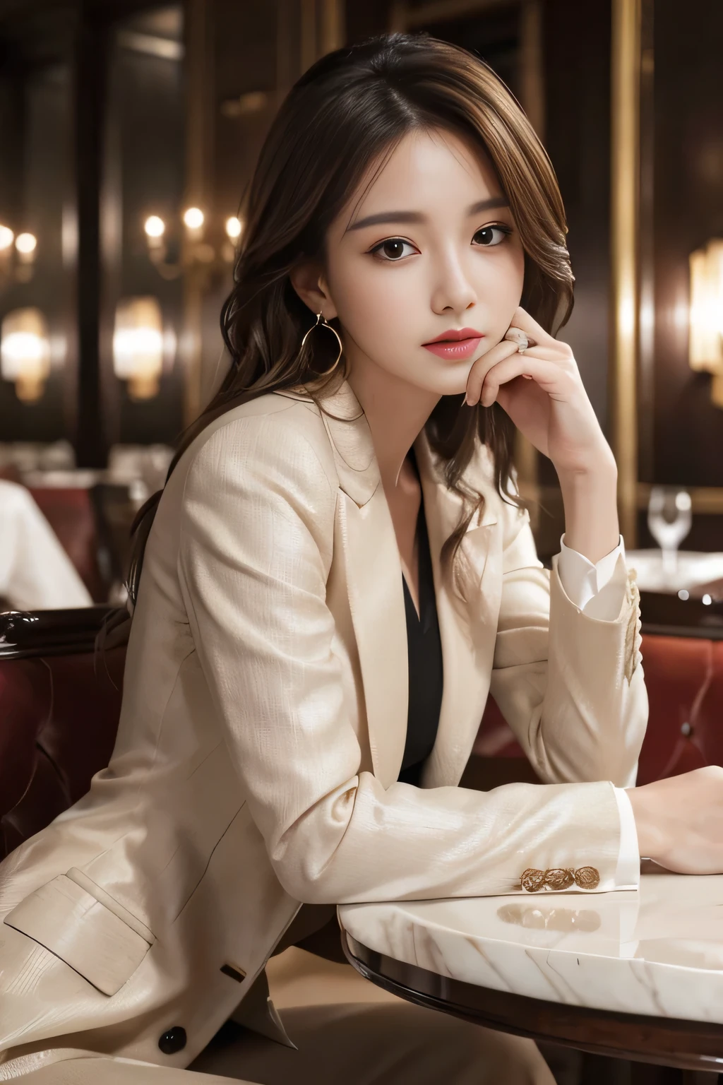 masterpiece, Highest quality, Realistic, Very detailed, Finer details, High resolution, 8k wallpaper, One beautiful woman, Wear a nice suit, In a great restaurant, At night, Light brown messy hair, Perfect dynamic composition, Beautiful and beautiful eyes、Big earrings、Sit on a chair、