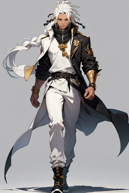 Create a black protagonist with white hair with white dreads and golden eyes full body