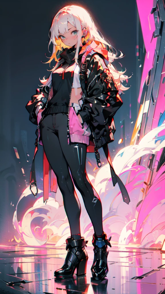 a girl with long yellow hair, blue eyes, wearing an orange hoodie and black heels, in a cyberpunk setting with her hand in her pocket, pink background