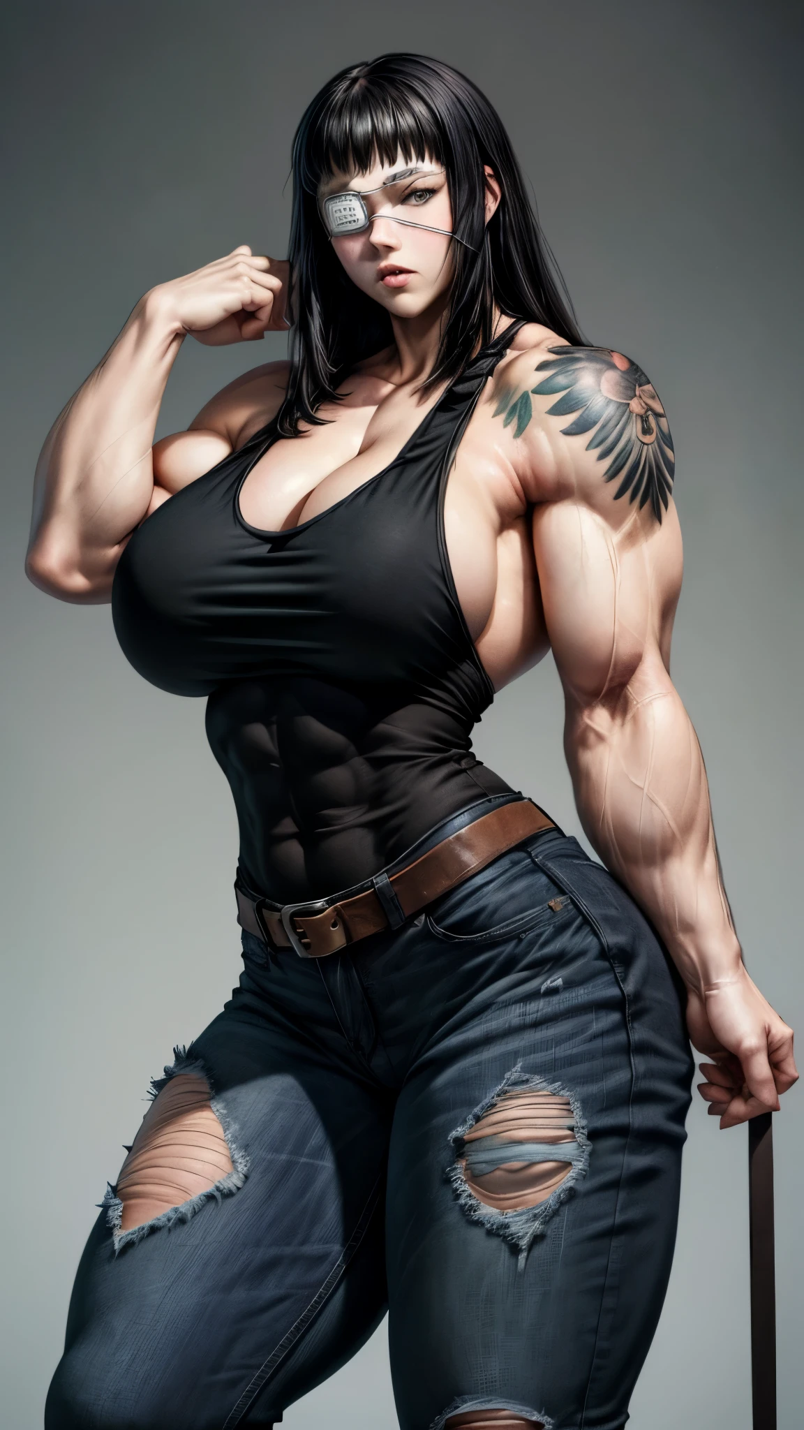 (masterpiece, best quality:1.2), solo, wearing eye patch, 1girl, valmet, large breasts, thick thighs, muscular body, abs, expressionless, looking at viewer, eye patch, black tank top, jeans, tattoo on shoulder 