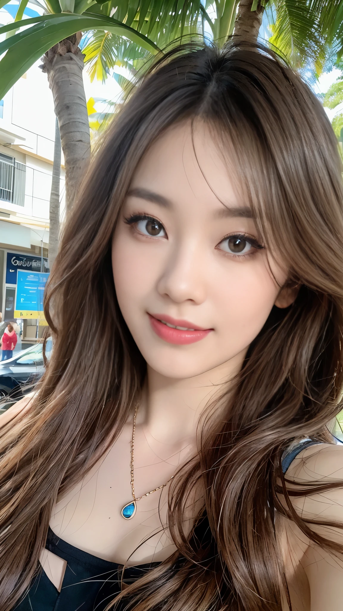 ((Realistic lighting、Highest quality、8K、Masterpiece:1.3))、Clear focus:1.2、 girl、Perfect Body Beauty:1.4、Slim Abs:1.1、whole body、((Dark brown hair、Large Breasts:1.3))、(Acceleration:1.4)、(nice、Dawn:1.1)、View of Waikiki Beach、Palm tree、Narrow Face、Beautiful Eyes、double eyelid、Fashion model posing、Floating Hair、T-Shirts、pendant、Cleavage、smile