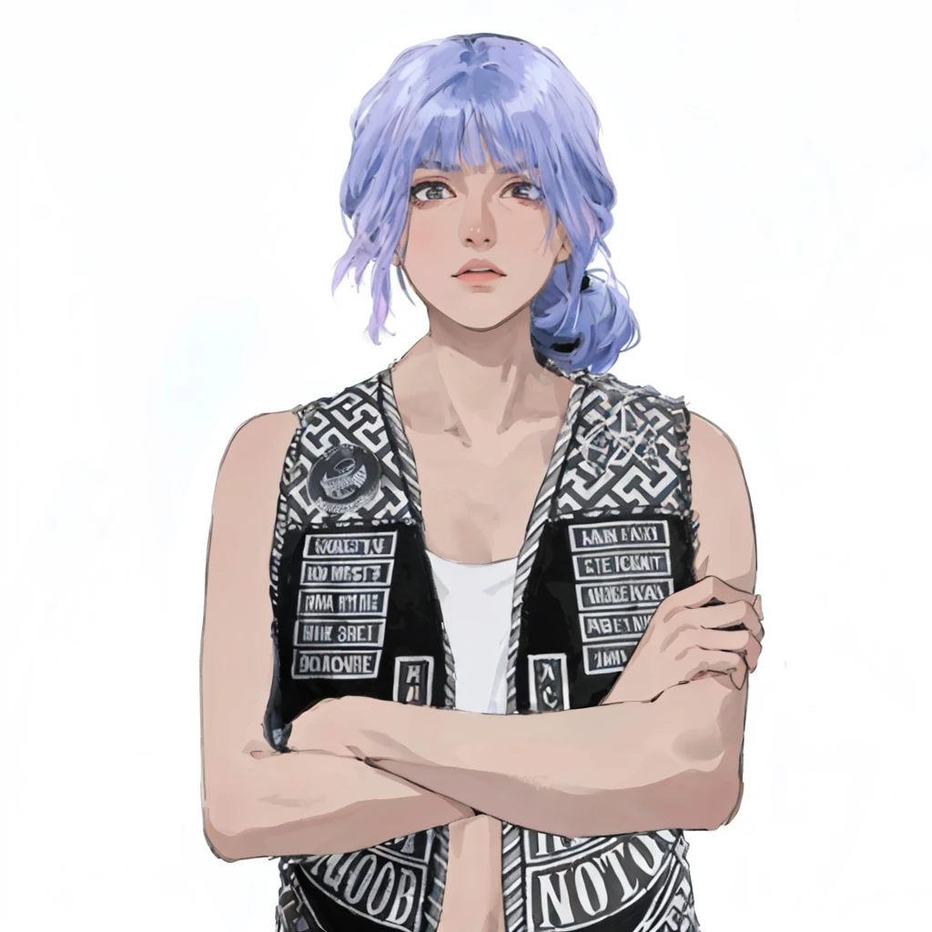 (masterpiece:1.2, best quality), (1girl, solo, upper body:1.2),flat face,Hair: buzz cut, Clothing: oversized, distressed denim jacket with patches and pins, paired with black skinny jeans and combat boots, Hanging out in an underground music venue or street art exhibit