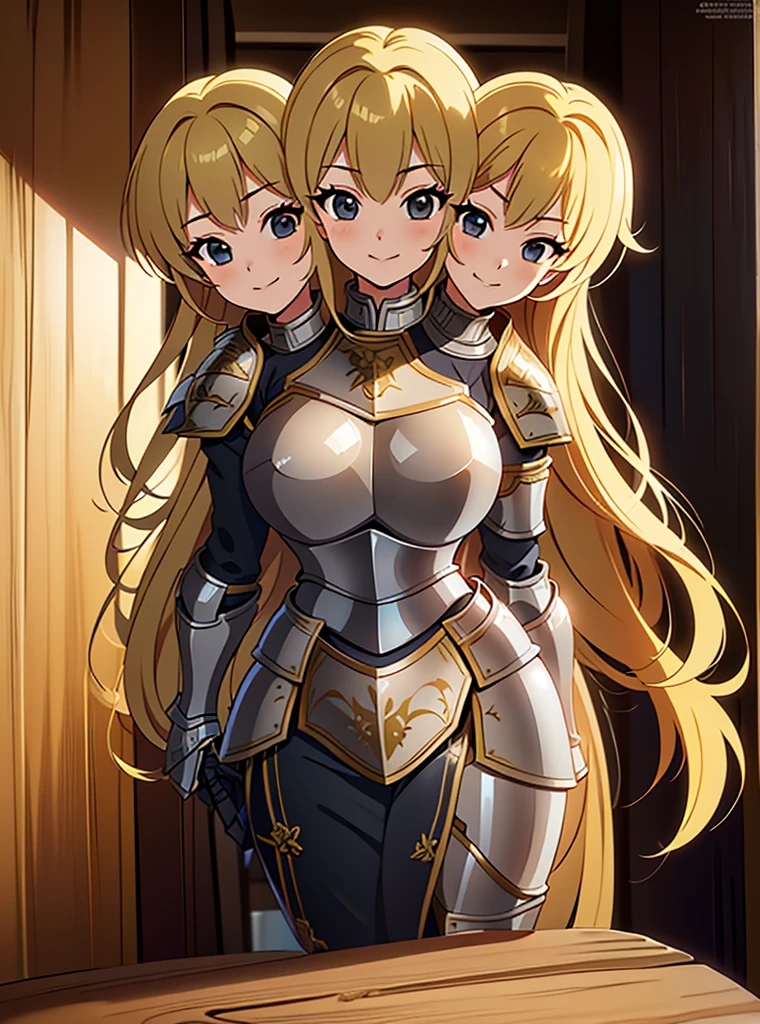 (masterpiece),(ultra-detailed), (high quality), (high resolution), (best quality:1.5, highres, UHD), highres, absurdo, ultra detail, ultra quality, (2heads:1.5), 1girl, ((golden blonde hair)), thighs, (gray armor), female warrior, (fully armored), (medieval outfit), (black eyes), armored  piece, gorgeous female knight, Guild Clothes with Armor, Fantasyart:1.5, (1 Female Knight:1.5), Detailed and detailed depiction armor, ( smirk), detailed eyes