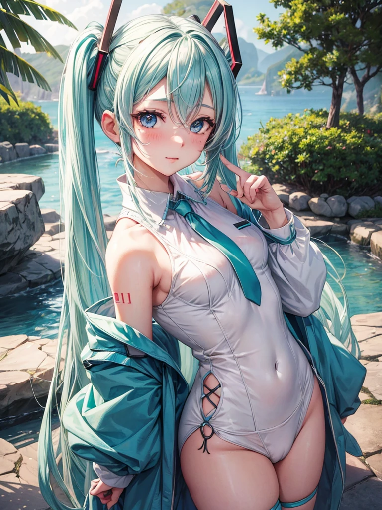Hot Hatsune Miku、pfotorealistic, Highresolution, 1 woman, white-haired, Korean, Small moles under the eyes,outdoor, blush,